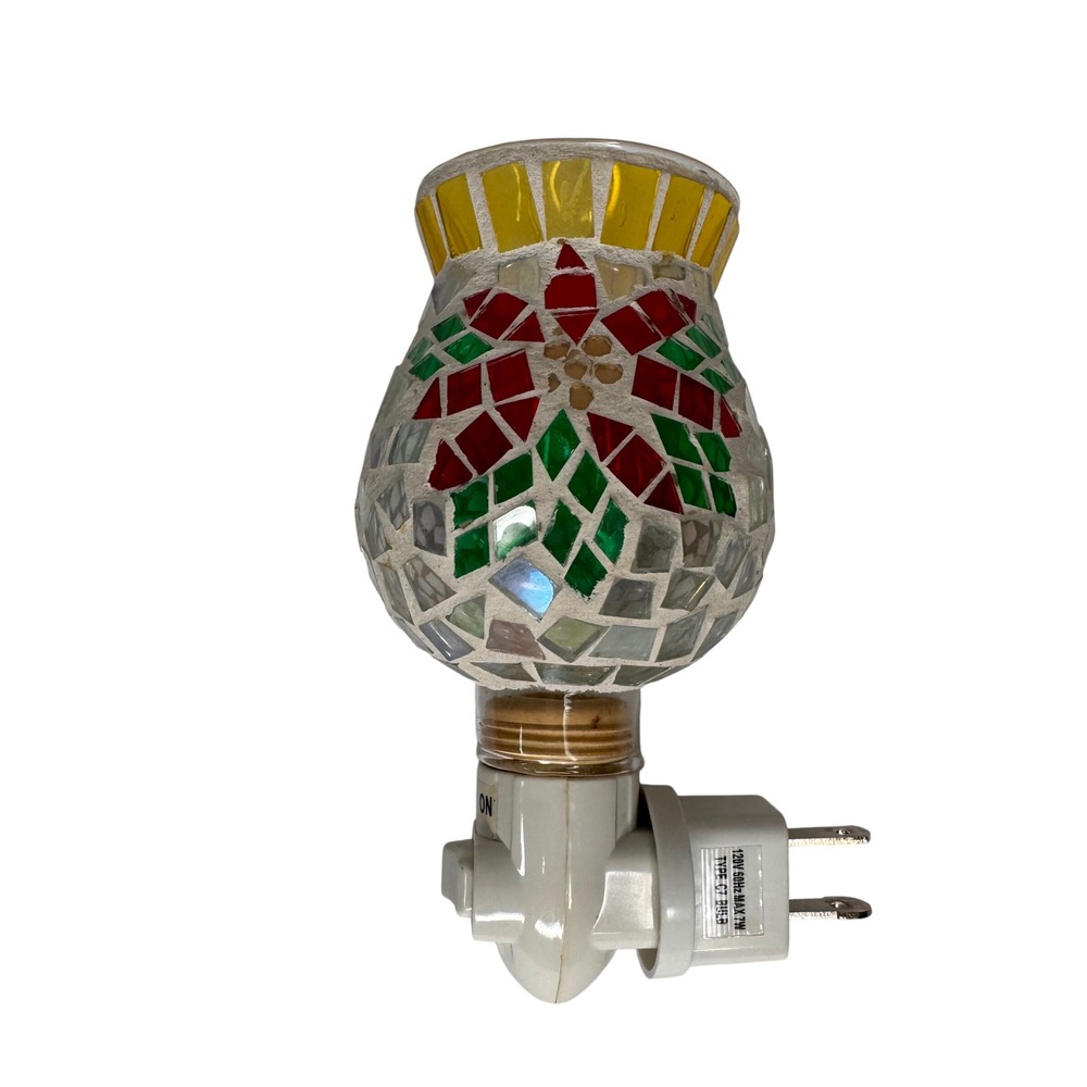 Mosaic Glass Poinsettia Night Light Red Floral Holiday Christmas Plug-In Lamp - Picture 7 of 12